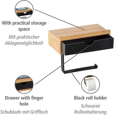 Держатель для туалетной бумаги с выдвижной полки из дерева 18,5 x 14 x 10,5 см, черный WENKO Bambusa