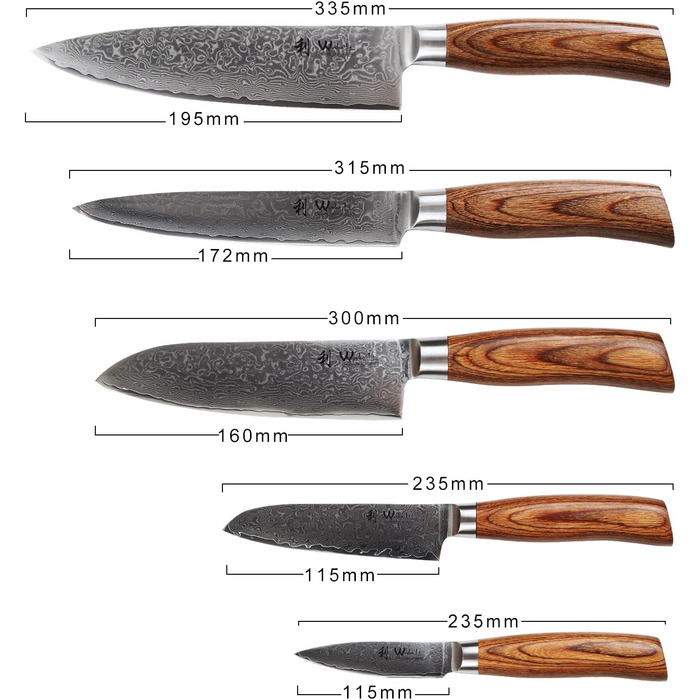 Набор ножей из дамасской стали с деревянными ручками с лезвиями длиной 8-20 см 67 слоев Wakoli Edib Pro