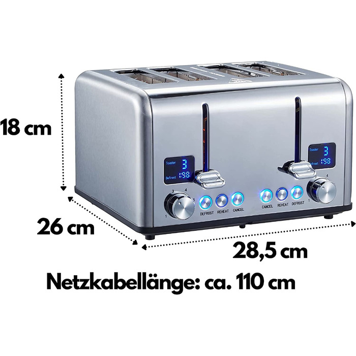 Тостер Steinborg XXL / 1630 Вт / цифровой дисплей / на 4 ломтика / с насадкой для булочек / функция размораживания / выдвижной лоток для крошек