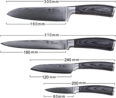 Набор из 4 профессиональных кухонных ножей из настоящей японской дамасской стали с ручками из дерева пакка Wakoli Edi