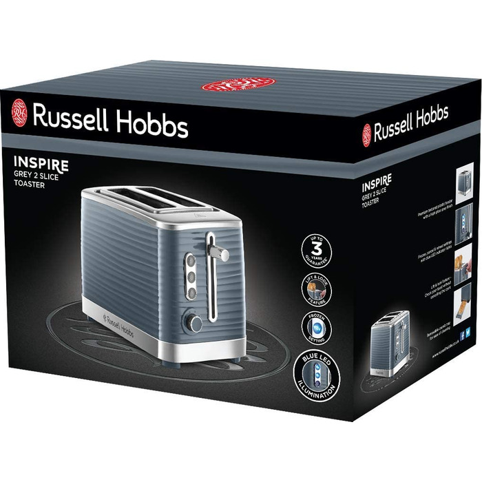 Тостер Russell Hobbs Inspire / на 2 ломтика / с насадкой для булочек / 6 ступеней / функция размораживания и разогрева